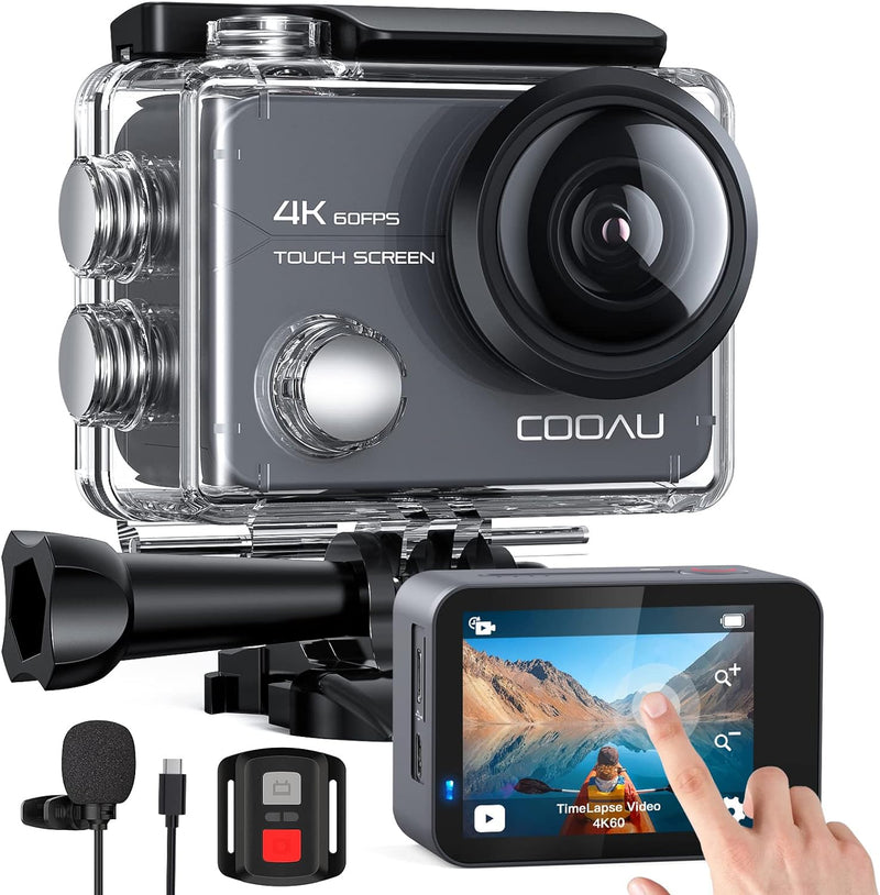 COOAU Action Cam 4K60fps 20MP Touchscreen WiFi Sport Kamaras mit 8 x Zoom, 6-Achsen-Anti-Shake-EIS,