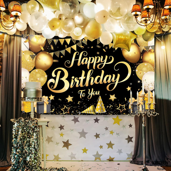 KatchOn, Schwarz Gold Happy Birthday Banner Geburtstagsdeko – XtraLarge, 180 x 110 CM | Happy Birthd