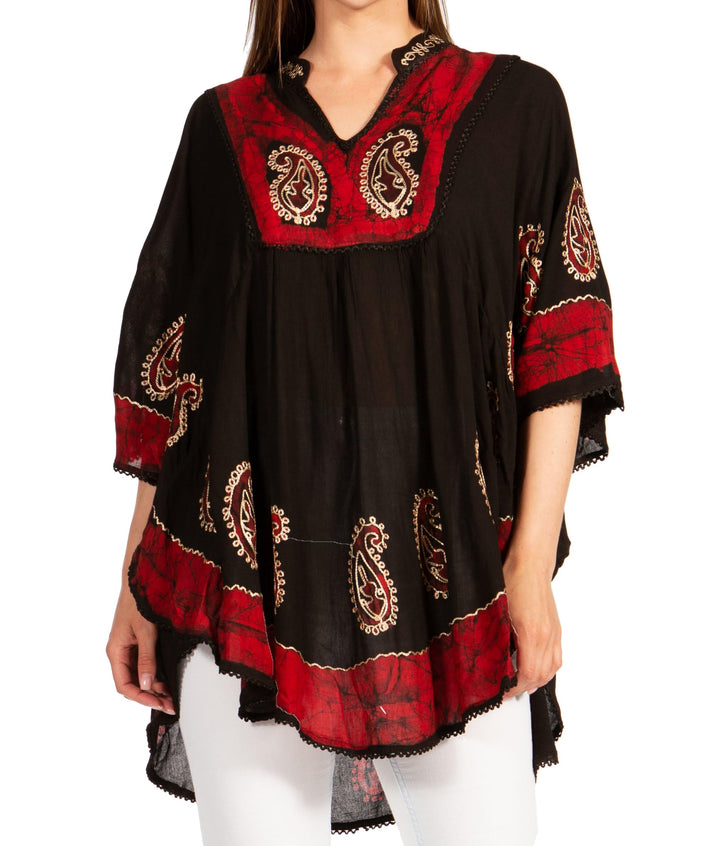 Sakkas Amori V-Ausschnitt Stickerei Poncho Top/vertuschen Einheitsgrösse Schwarz Rot, Einheitsgrösse