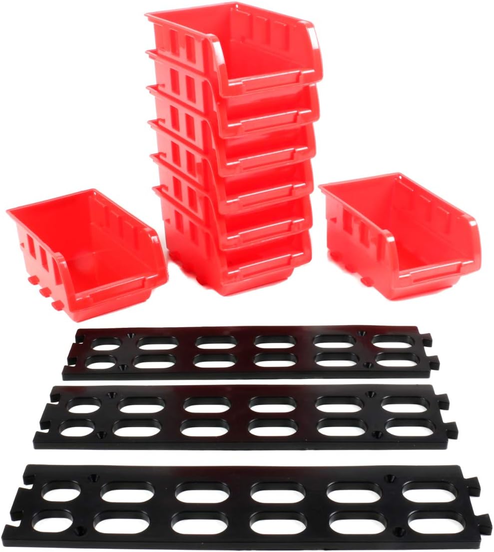 8 Stapelboxen mit Aufhängeschiene von Kinzo Storage, Kunststoff, ca. 10 x 16 cm pro Box, rot