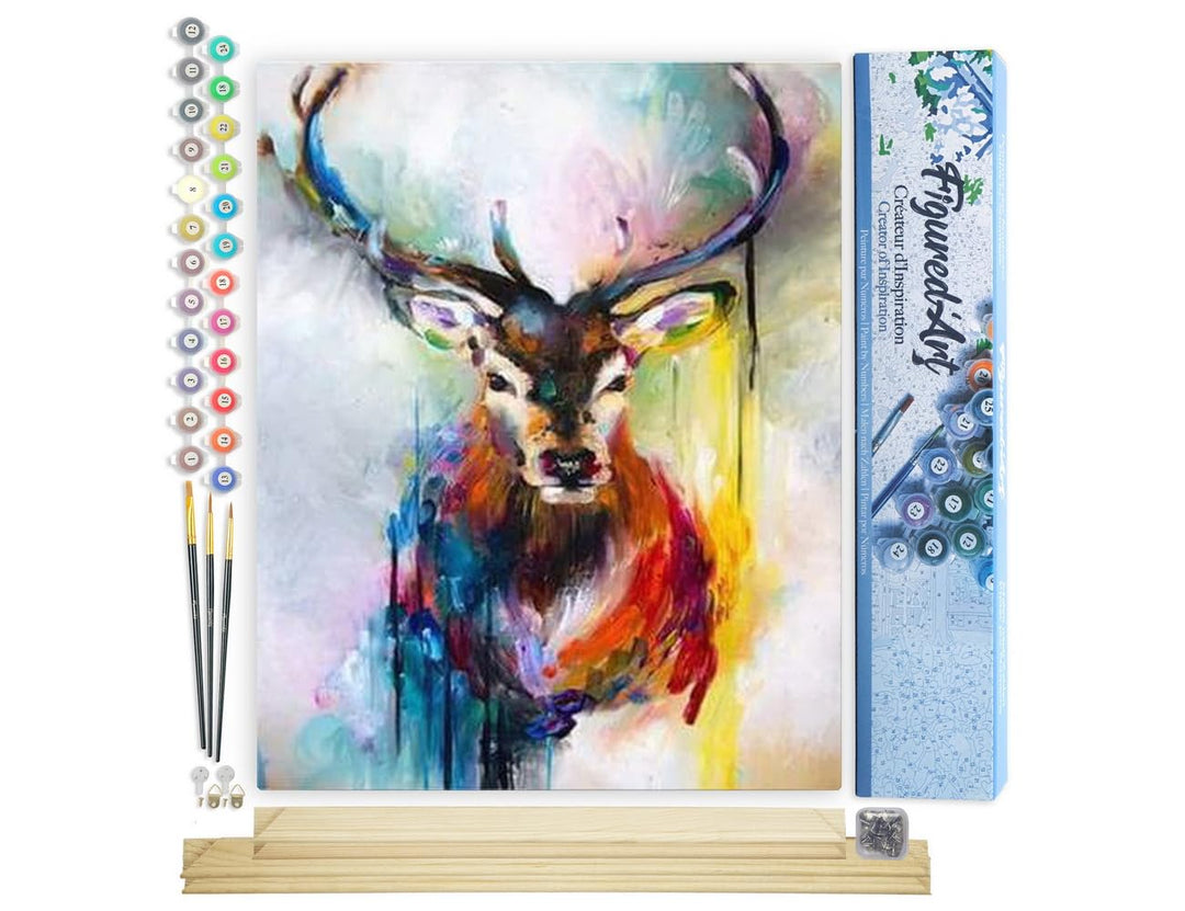 Figured'Art Malen Nach Zahlen Erwachsene Mit Rahmen Portrait bunter Hirsch - Paint by Numbers Bastel
