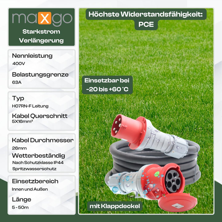 CEE Verlängerungskabel Starkstromkabel 63A 400V Gummileitung H07RN-F 5g16 mm² IP44 aussen 10m 5G16;