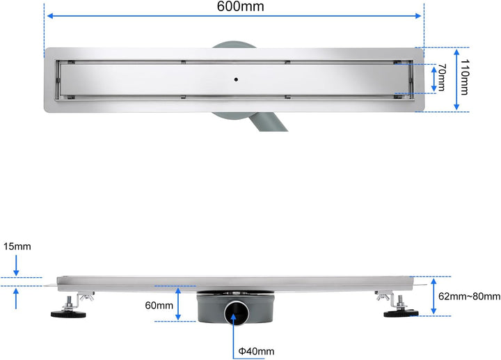 Duschrinne Befliesbar 60cm Gebürstet, 360° Siphon mit Geruchsstop und Haarsieb, 304 Edelstahl Ablauf