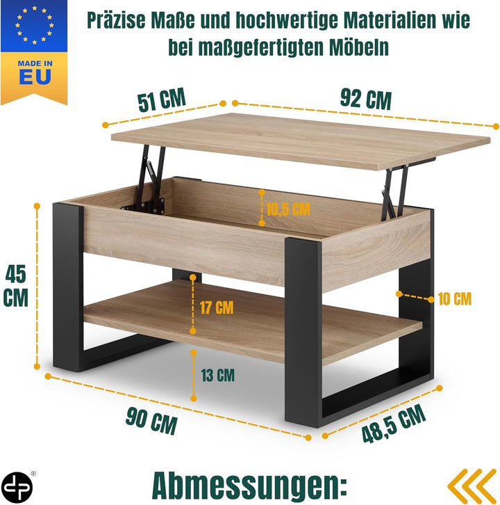 defiPad Couchtisch Höhenverstellbar mit Stauraum, Wohnzimmertisch Sonoma Eiche-Schwarz mit Liftfunkt