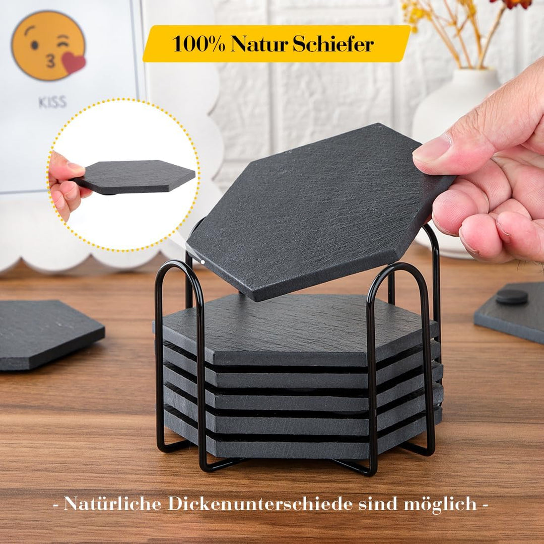 Schiefer Untersetzer für Gläser 8er Set, 11cm Sechseck Getränkeuntersetzer mit Halter, Glasuntersetz