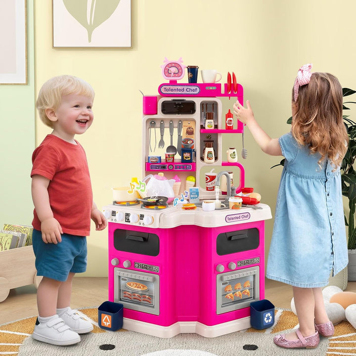 COSTWAY Kinderküche mit 113 Zubehör, Eck-Spielküche mit Licht, Sound & Dampf, Kinder Küche mit Kochh