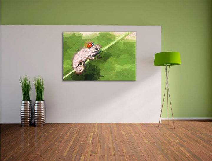 Pixxprint Gecko mit einem Marienkäfer / 100x70cm Leinwandbild bespannt auf Holzrahmen/Wandbild Kunst