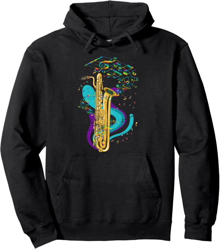 Hobby Saxophonist Jazz Musiker Musik Noten Buntes Saxophon Pullover Hoodie
