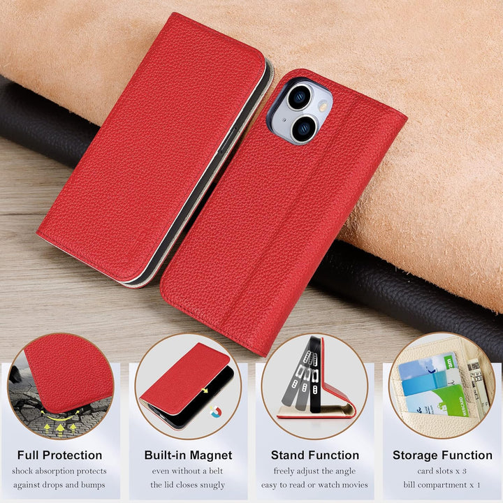 VISOUL Hülle für iPhone 13, Schutzhülle [Echt Leder] [Schützt vor Stoss] [Kartenfach] [Magnetverschl