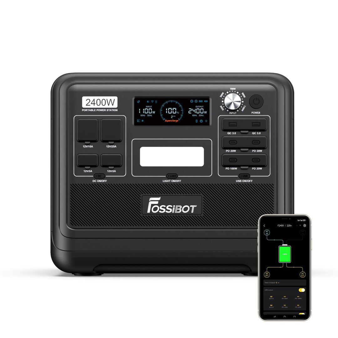 FOSSIBOT F2400 Solargenerator, Tragbare Powerstation 2048Wh LiFePO4 Batterie-Backup mit 2400W AC Aus