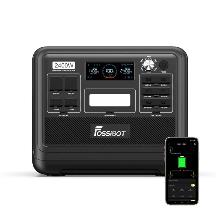 FOSSIBOT F2400 Solargenerator, Tragbare Powerstation 2048Wh LiFePO4 Batterie-Backup mit 2400W AC Aus