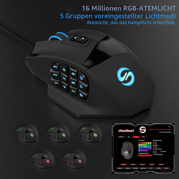 UtechSmart Venus Gaming Maus 16400 DPI USB Laser MMO Gaming Mouse, 18 programmierbare Tasten,16400 D