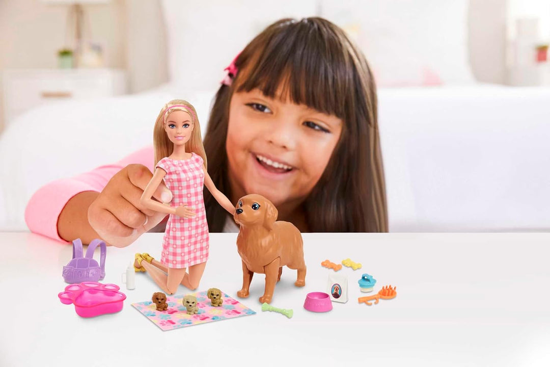 Barbie Newborn Pups Playset, Puppe mit blonden Haaren, Hundeset, inkl. 3 Welpen, 10 Accessoires, Far