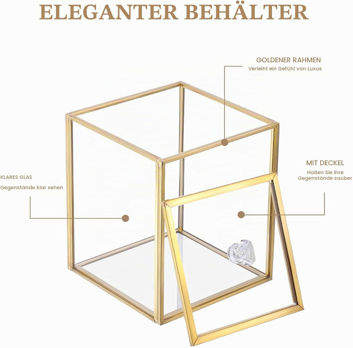 Glas Wattepad Spender Gold Wattestäbchenbehälter Wattepads Behälter Box Schmuckschatulle mit Glasdec