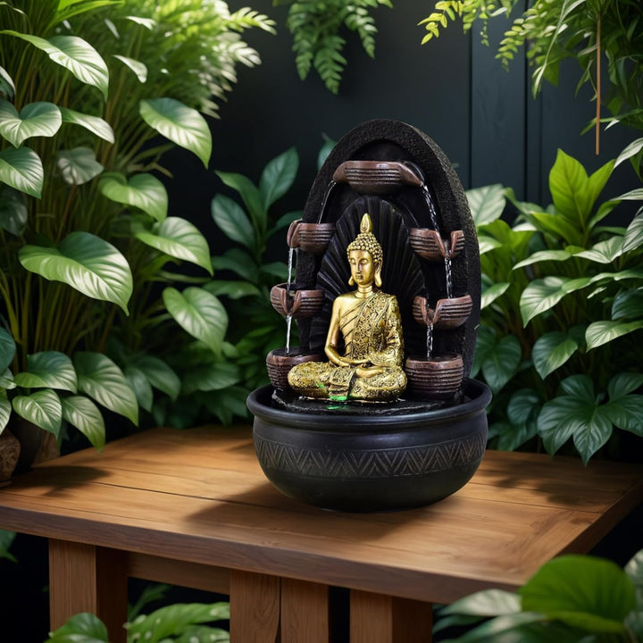 Innenbrunnen Wasserwand Kaskade Buddha Statue Abnehmbares farbenfrohes LED-Licht, Lucky Fountain mit