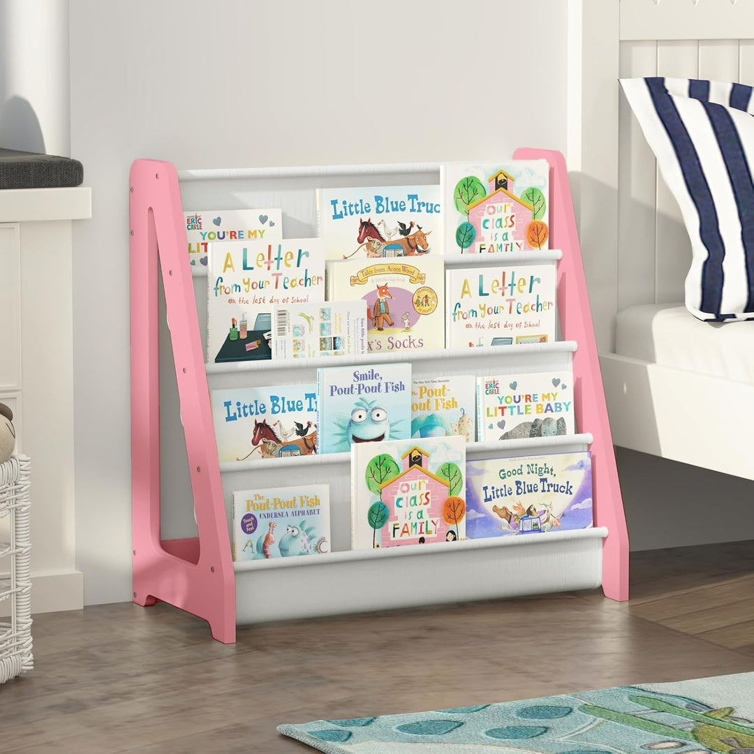 NACHES Kinder Bücherregal, Kinderregal mit 4 offenen Stofffächern, 60x30x60cm, aus Holz, Vliesstoff,