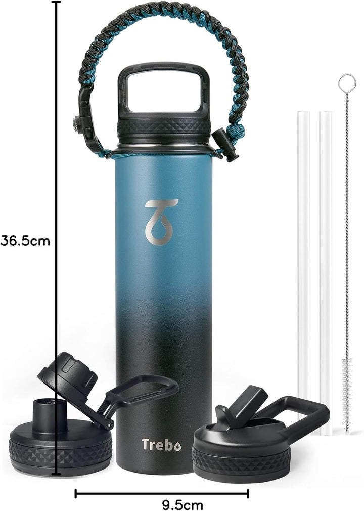 Trebo Trinkflasche Edelstahl, Thermosflasche mit Strohhalm mit Paracord-Griff & 3 Deckeln, Edelstahl