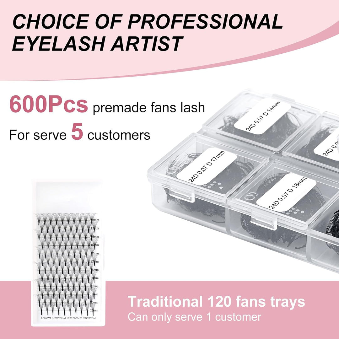 FADLASH 2024 Version Professionell Mixed 600pcs Lash Fächer 24D 14-20mm 0,07mm D Curl Fertig Volumen