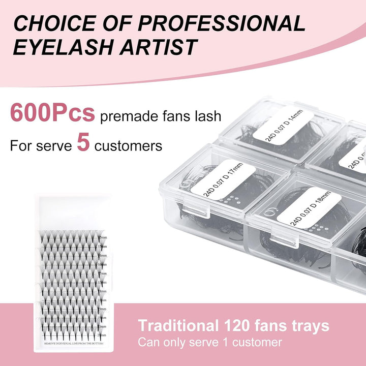 FADLASH 2024 Version Professionell Mixed 600pcs Lash Fächer 24D 14-20mm 0,07mm D Curl Fertig Volumen