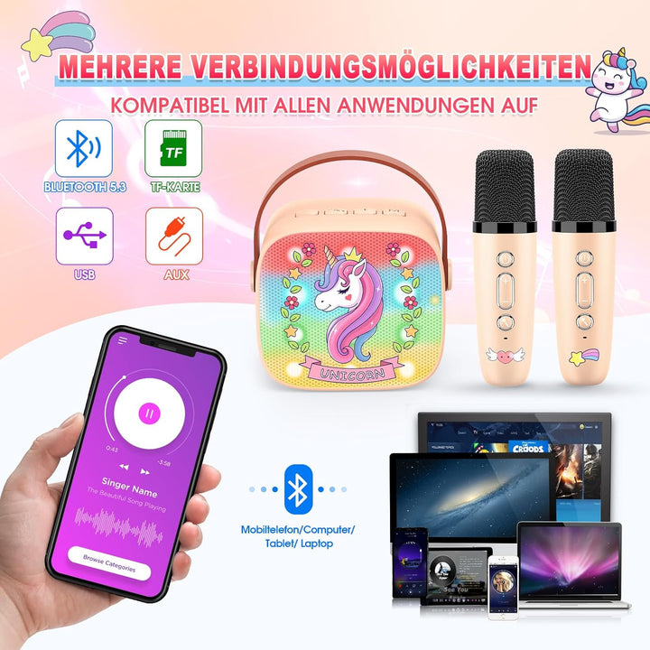 Dislocati Karaoke Anlage Set mit 2 Bluetooth Mikrofonen Kinder, Einhorn Geschenk für Mädchen 3-12 Ja