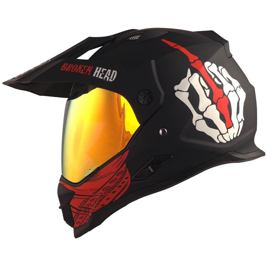 Broken Head Street Rebel rot Motocross-Helm Set mit Gold verspiegeltem Visier | Enduro-Helm - MX Cro