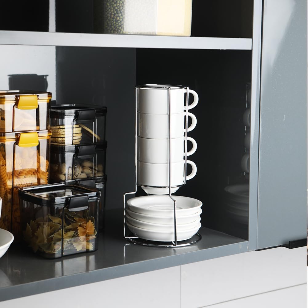 Sweejar Home Porzellan Cappuccino Tassen mit Untertassen und Metallständer, stapelbare Espressotasse