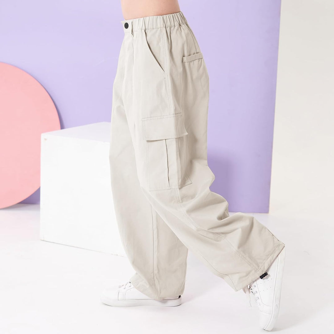Rolanko Mädchen Cargohose, Baumwoll Baggy Hose mit Elastischer Taille und Mehreren Taschen für Kinde
