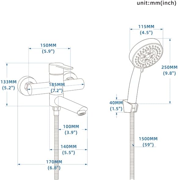 PHASAT Wandmontage Badewannenarmatur mit Handbrause Nickel Badewannenarmaturen mit 90 ° drehbarer Au