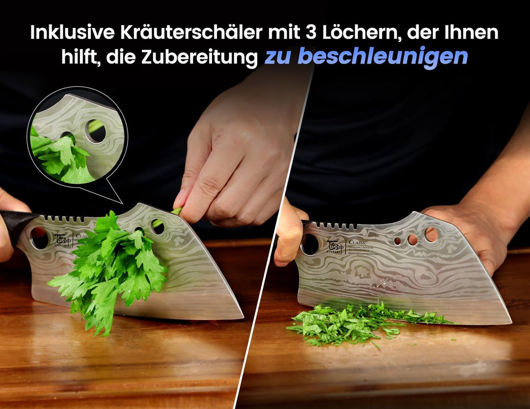 Fleischermesser mit Scheide, 19,5 cm Damastmuster Hackmesser, Küchenmesser mit Ergonomischem Durchge