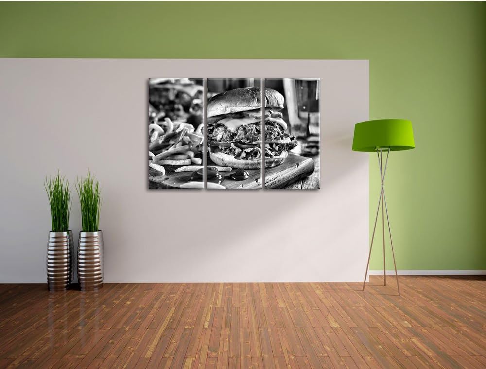 Pixxprint Saftiger Chili Cheese Burger als Leinwandbild/Grösse: 3 Teilig (120x80) cm/Wandbild/Kunstd