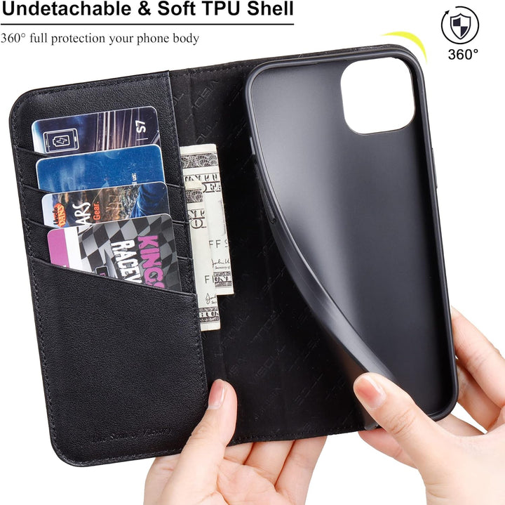 VISOUL iPhone 14 Plus Hülle, Handyhülle [100% Carbon Leder] [RFID Schutz] [Schützt vor Stoss] [Stand