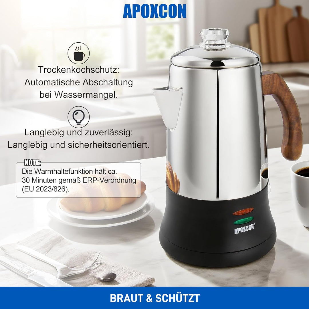 APOXCON Edelstahl18/8 (SS304) -Kaffeekanne (6 Tassen) – mit Sichtglas, Warmhaltefunktion & kordlosem