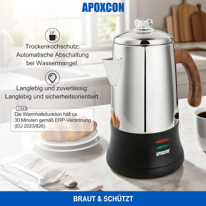 APOXCON Edelstahl18/8 (SS304) -Kaffeekanne (6 Tassen) – mit Sichtglas, Warmhaltefunktion & kordlosem