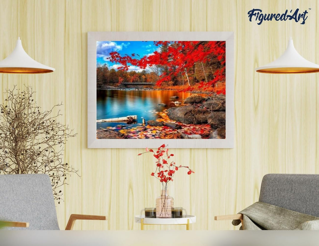 Figured'Art Malen Nach Zahlen Erwachsene Mit Rahmen Fluss und Wald im Herbst - Paint by Numbers Bast