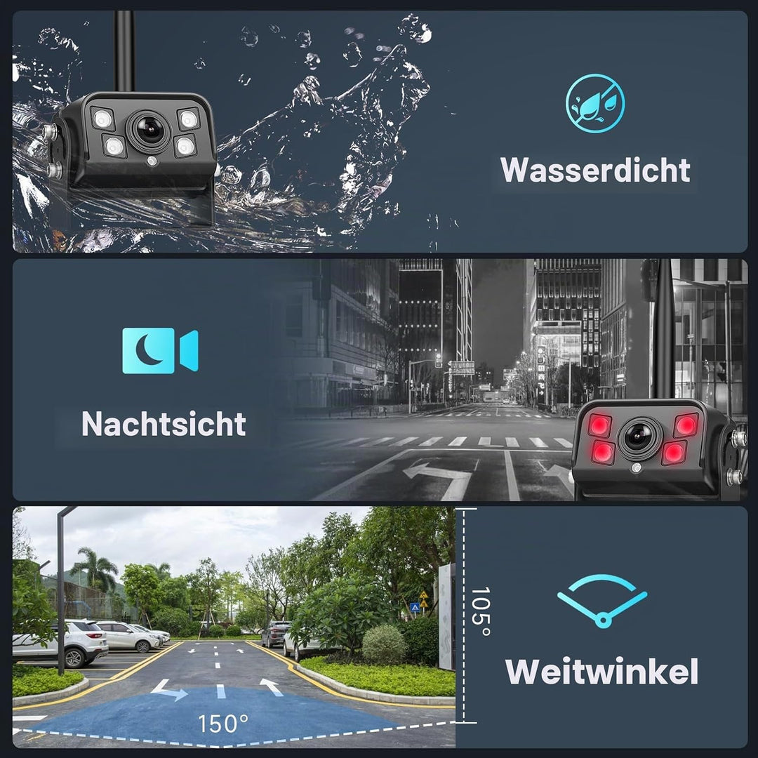 Hodozzy 9 Zoll IPS Monitor Digitales Kabellos Rückfahrkamera Set, mit Toter-Winkel-Warnung, Wasserdi