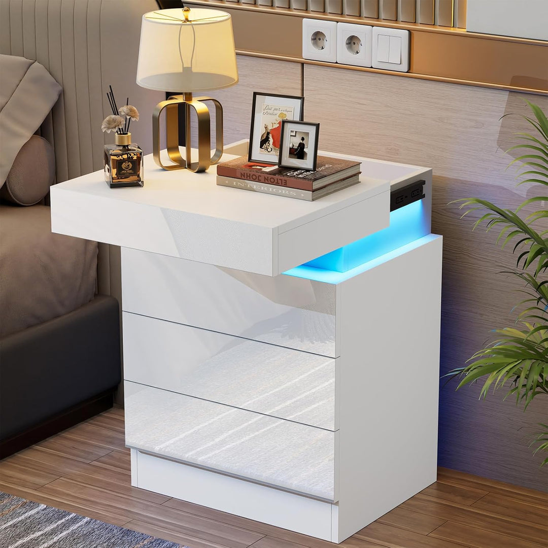 PIPIPOXER Nachttisch 2er Set mit LED, Hochglanz Nachtschrank mit 3 Schubladen und Versteckte Obere S