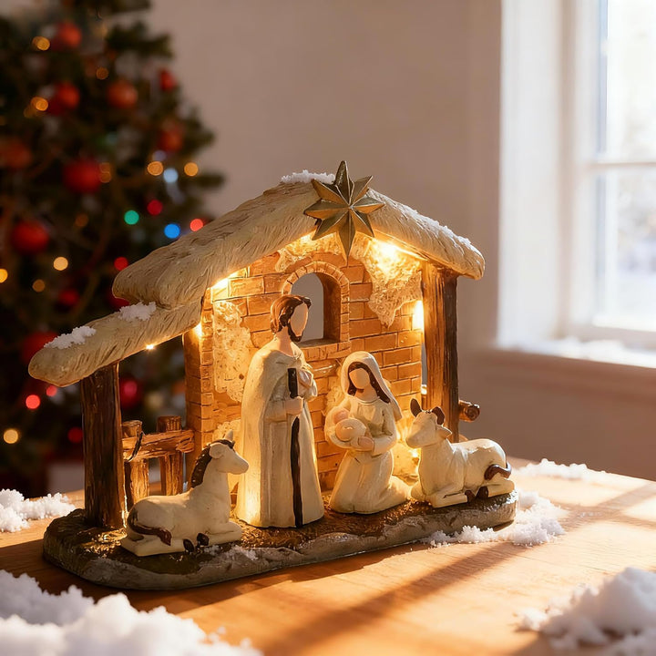 Topsky Krippenfiguren Set – Weihnachtskrippe mit Beleuchtung, 5pcs Krippenset Handbemalt – Weihnacht