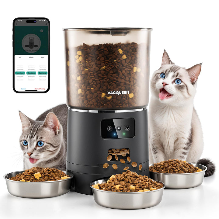 Futterautomat Katze mit APP und Timer, 6 L / 25 Tassen Katzenfutter Automat 3 Näpfe, 3 Trockenmittel