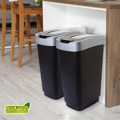 SUSTANIA Duo Mülleimer Küche 2 Fächer 50L - Geruchsdicht Doppel Abfalleimer mit Schwingdeckel, 2er S