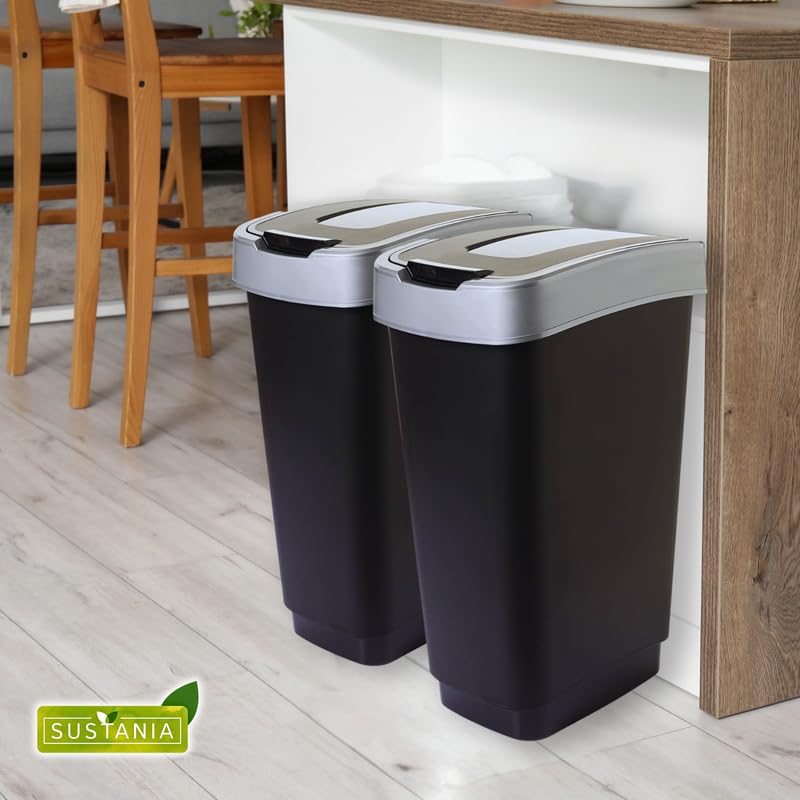 SUSTANIA Duo Mülleimer Küche 2 Fächer 50L - Geruchsdicht Doppel Abfalleimer mit Schwingdeckel, 2er S