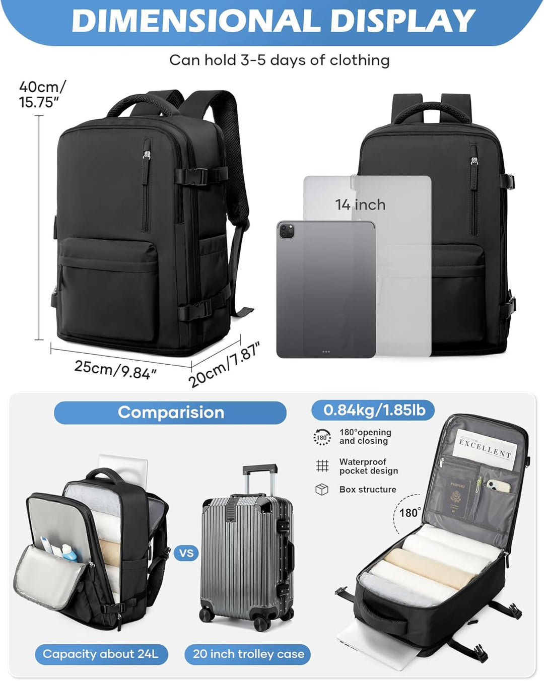 BJLFS Airbag Rucksack Vakuum mit Pumpe Rucksack Ryanair 40x30x20 Expandable Handgepäck Tragbare Komp