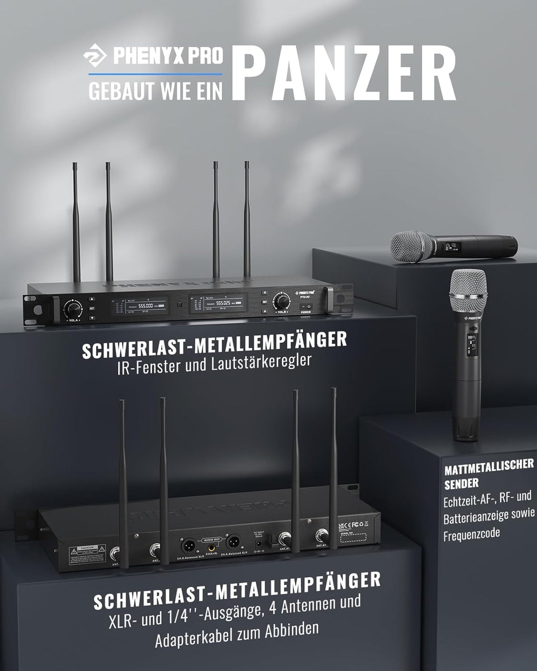Phenyx Pro Wireless Mikrofon Set, True Diversity Dual Cordless Mikrofone, Profi UHF Handheld, funkmi