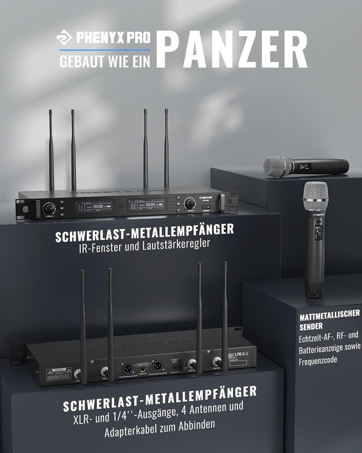 Phenyx Pro Wireless Mikrofon Set, True Diversity Dual Cordless Mikrofone, Profi UHF Handheld, funkmi
