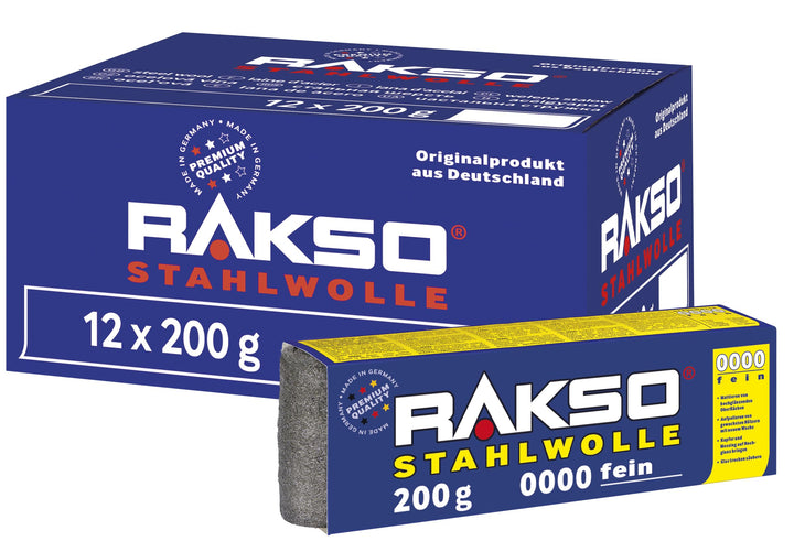 RAKSO Stahlwolle extrafein 0000-2,4 kg, 12 Banderolen à 200g, poliert gewachstes Holz, Kupfer, Messi