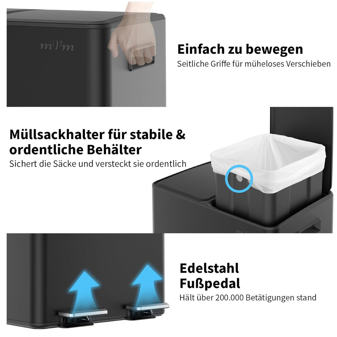 mVm Mülleimer Küche,60 Liter Treteimer,2 x 30 Liter Treteimer, 2 Fächer, Mülltrennsystem, Abfalleime