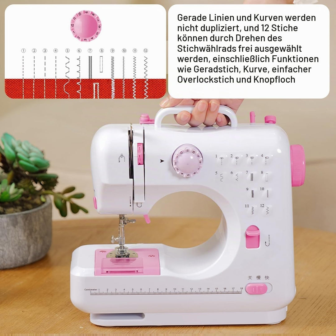Mini Nähmaschine für Anfänger, 12 Stiche Haushalt Doppelfaden Multifunktionsnähmaschine für Kinder,