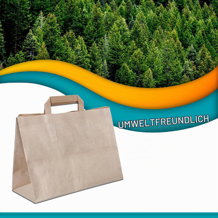 Commerline Papiertüten 250 Stück, Braun, 32+22x25 cm | Kraftpapier Tüten Klein Mit Henkel | Tragetas