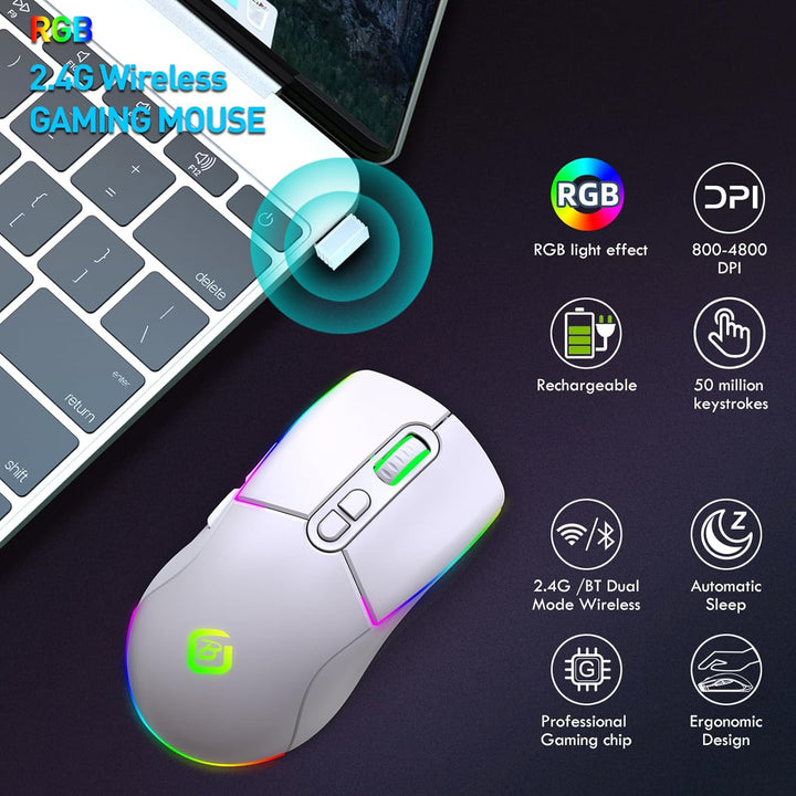 Kabellose Gaming Maus, Dual Mode 2.4GHz/Bluetooth 5.1 Maus Gaming, RGB LED Hintergrundbeleuchtung, E