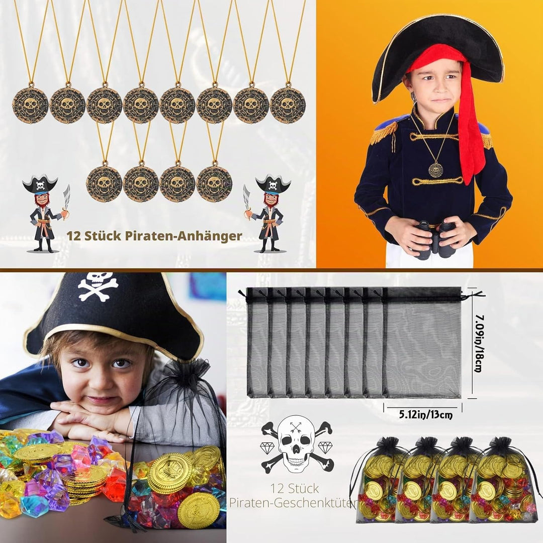 168 Stück Piraten Kindergeburtstag, Piraten Augenklappe Aufkleber Ringe Schlüsselanhänger Edelsteine