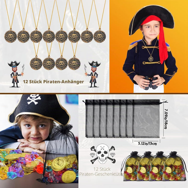 168 Stück Piraten Kindergeburtstag, Piraten Augenklappe Aufkleber Ringe Schlüsselanhänger Edelsteine